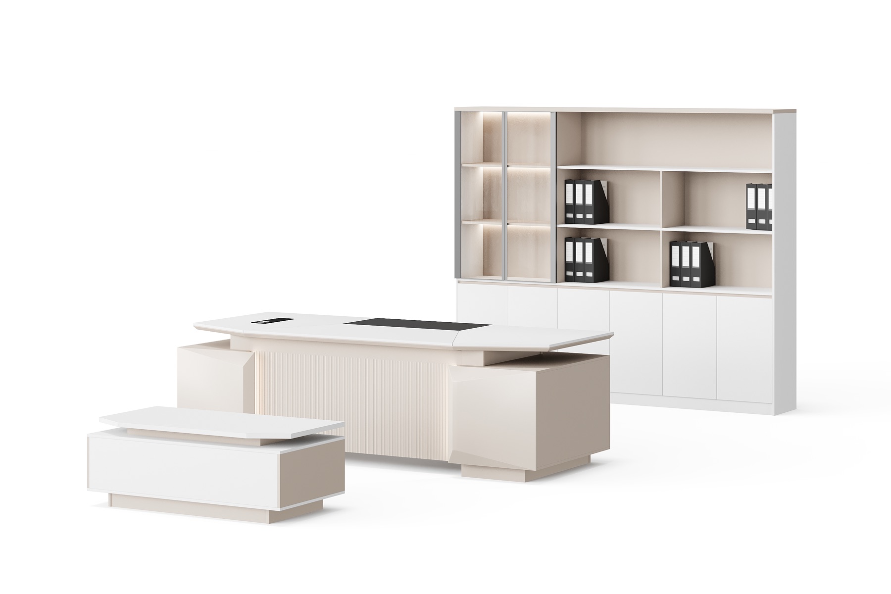 BG-2619LA-White 2026 New White Executive Desk, Low Table and Illuminated Storage Wall Set for Global Buyers