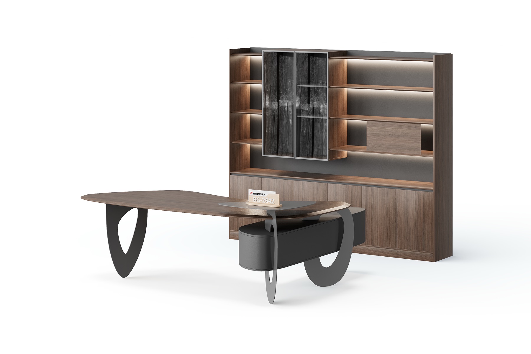 BG-2642LA-G17 2026 New Executive Desk and Illuminated Storage Wall Set for Global Buyers