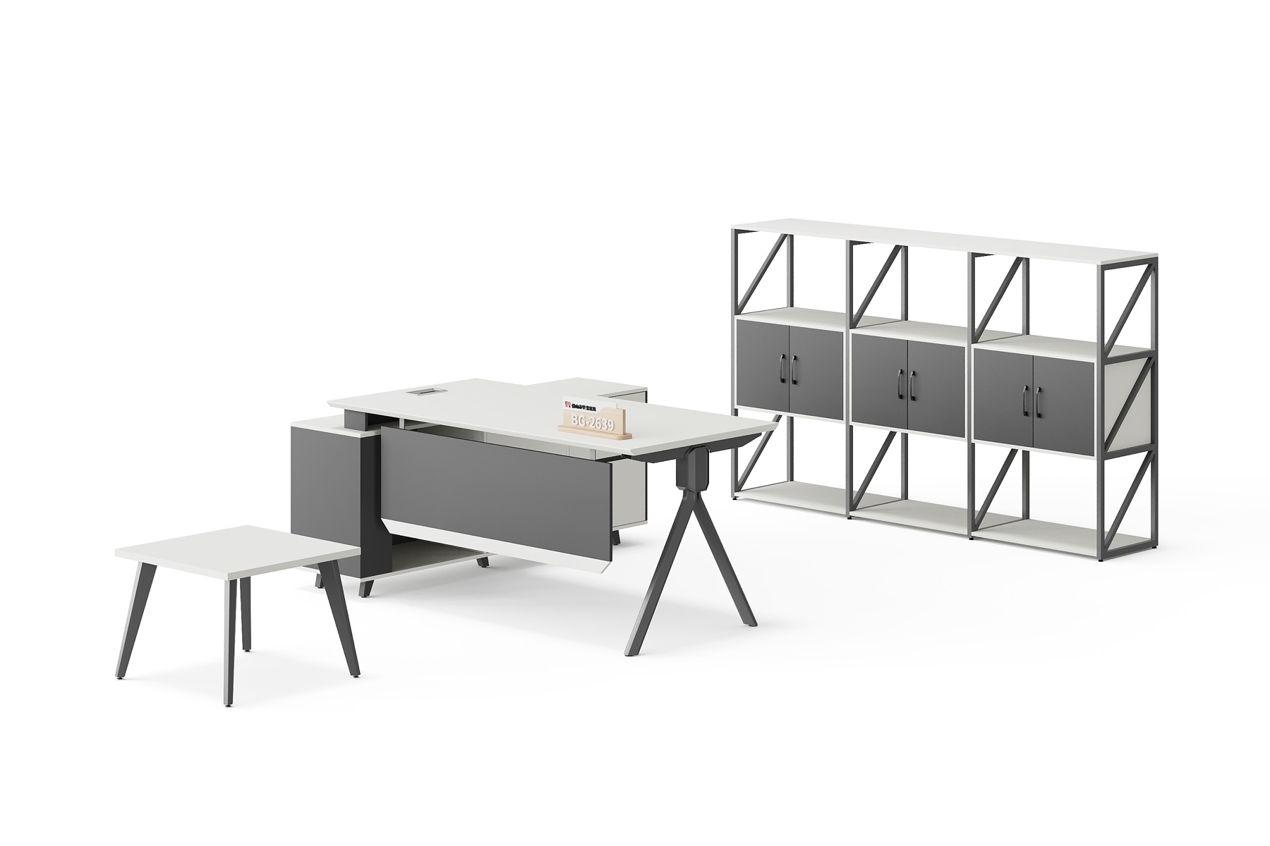 BG-2639LA-White White Executive Desk, Low Table and Open-Frame Storage Wall Set supplier China for global project buyers