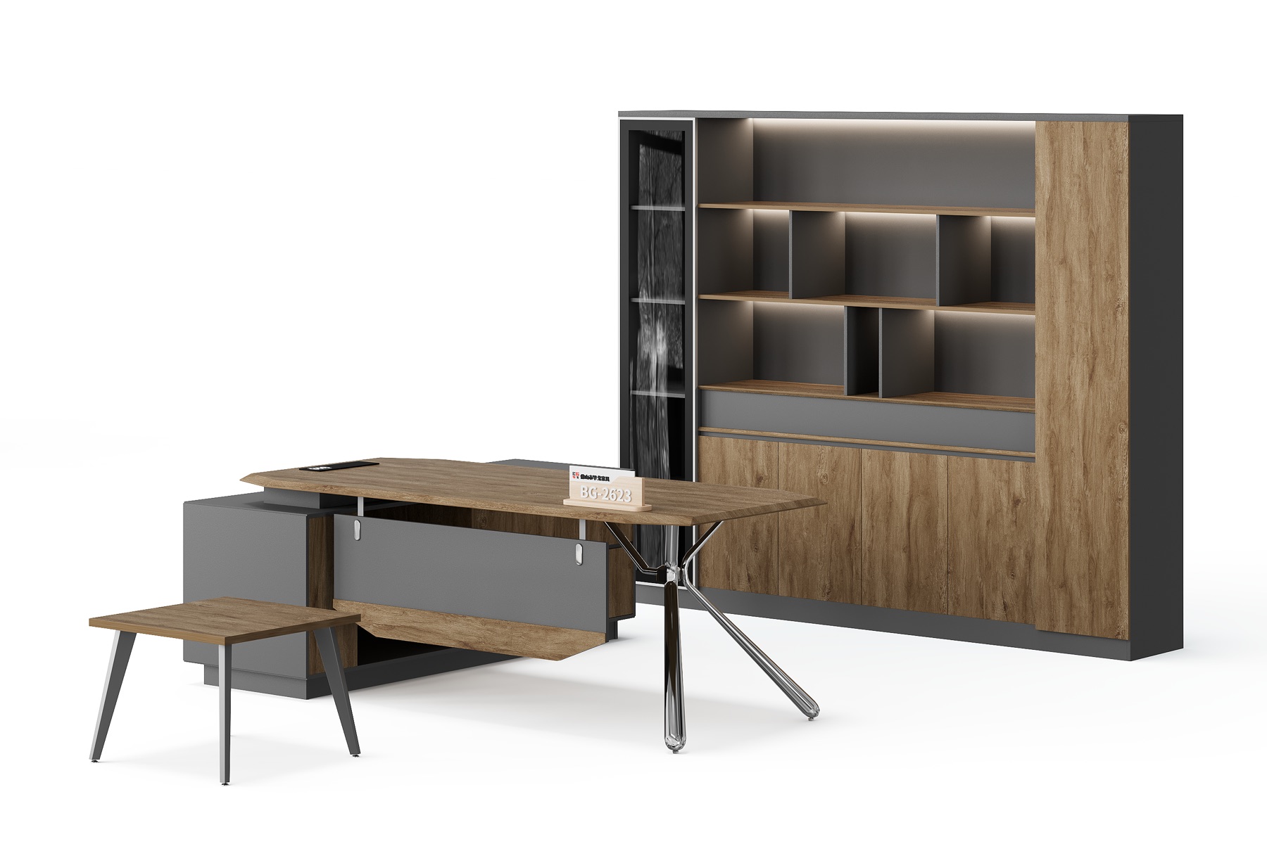 BG-2623LA-B4 Executive Desk, Low Table and Illuminated Storage Wall Set supplier China for global project buyers