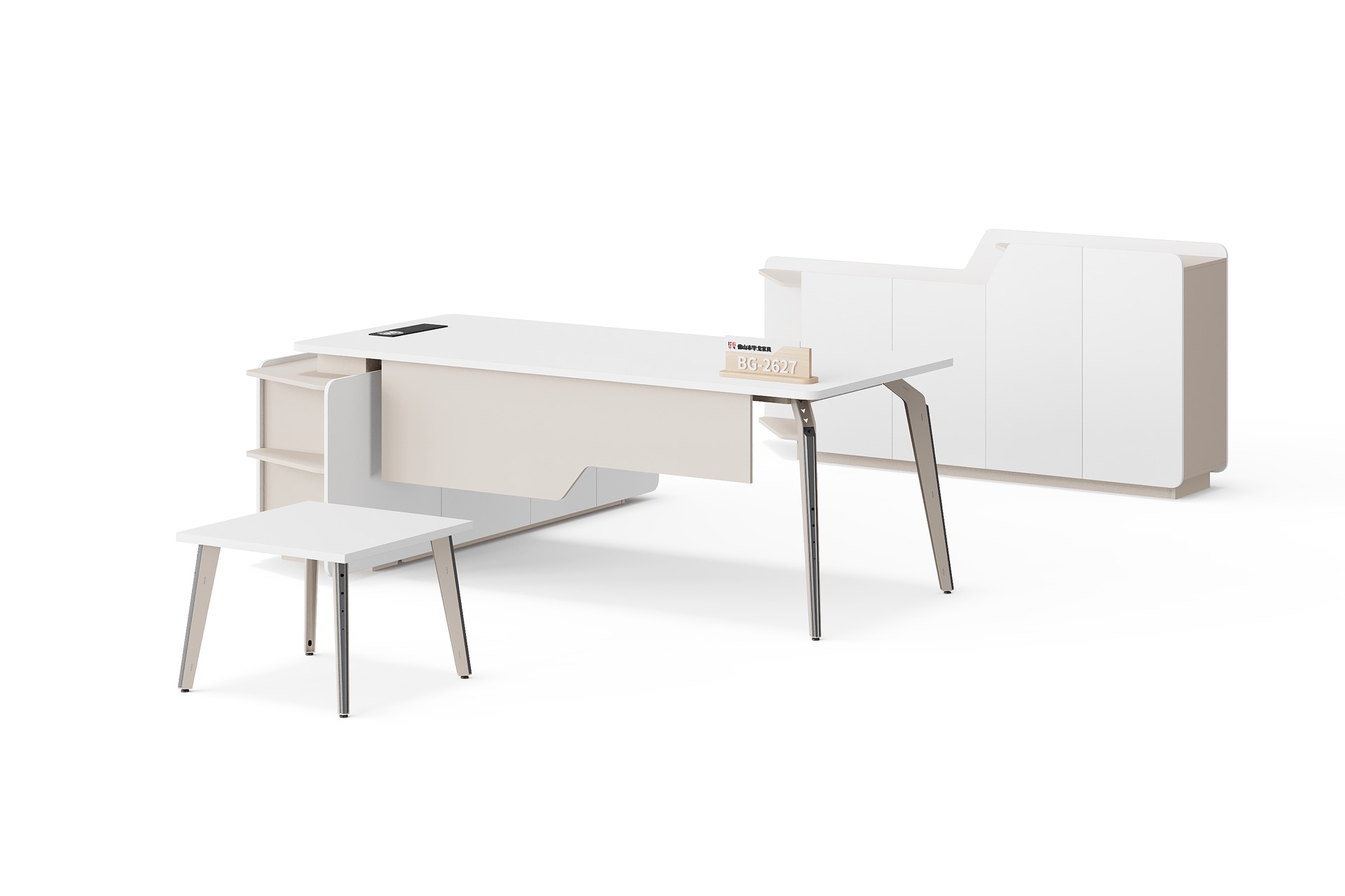 BG-2627LA-White White Executive Desk, Low Table and Rounded Storage Cabinet Set supplier China for global project buyers
